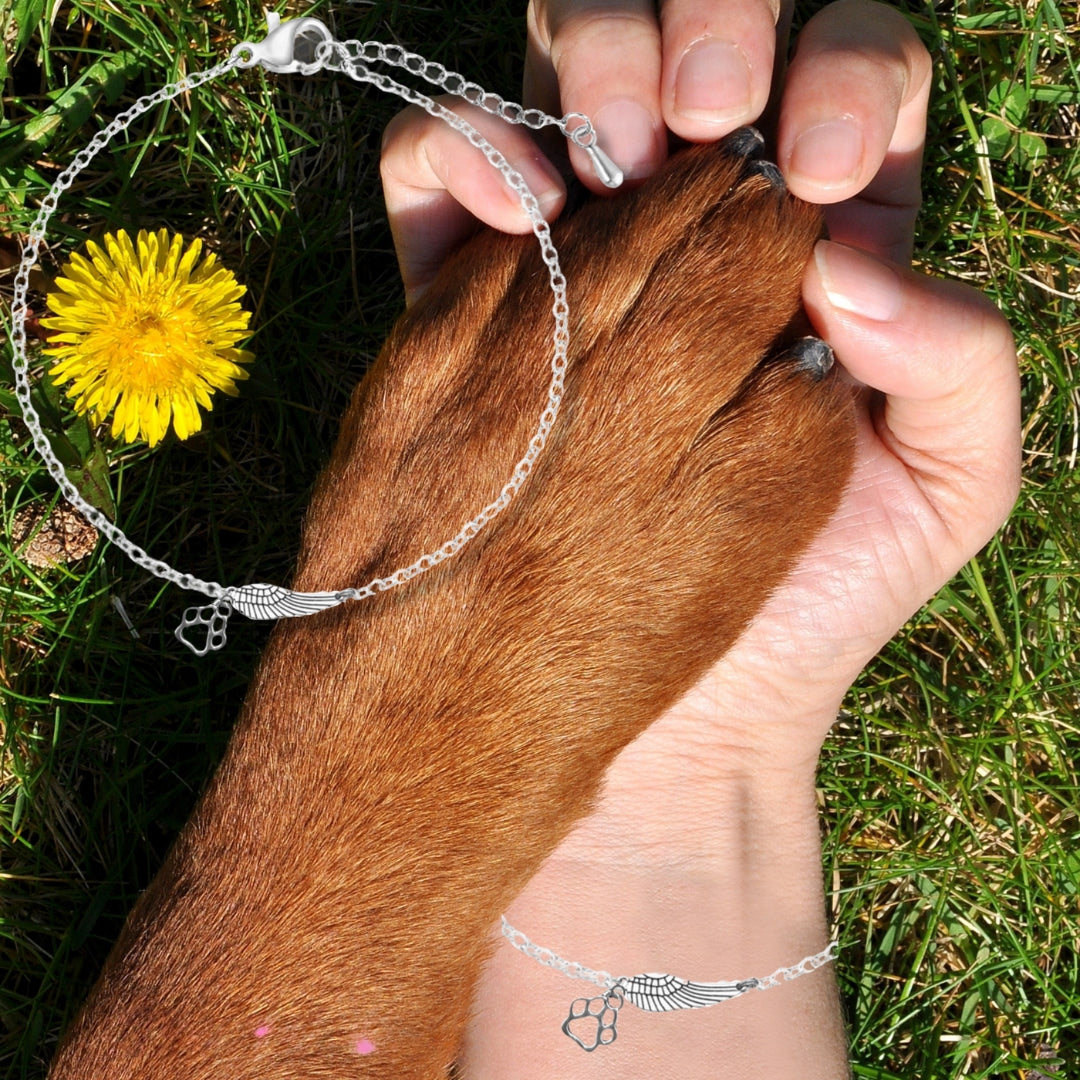 Silver Memorial Bracelet with Angel Wings and Paw Print – Handmade