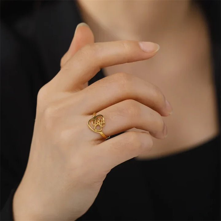 Stainless Steel Heart & Paw Ring – For Animal Lovers