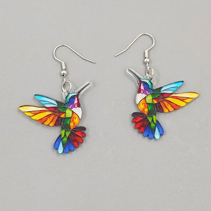 Colourful Hummingbird Dangle Earrings – Acrylic 2D Design