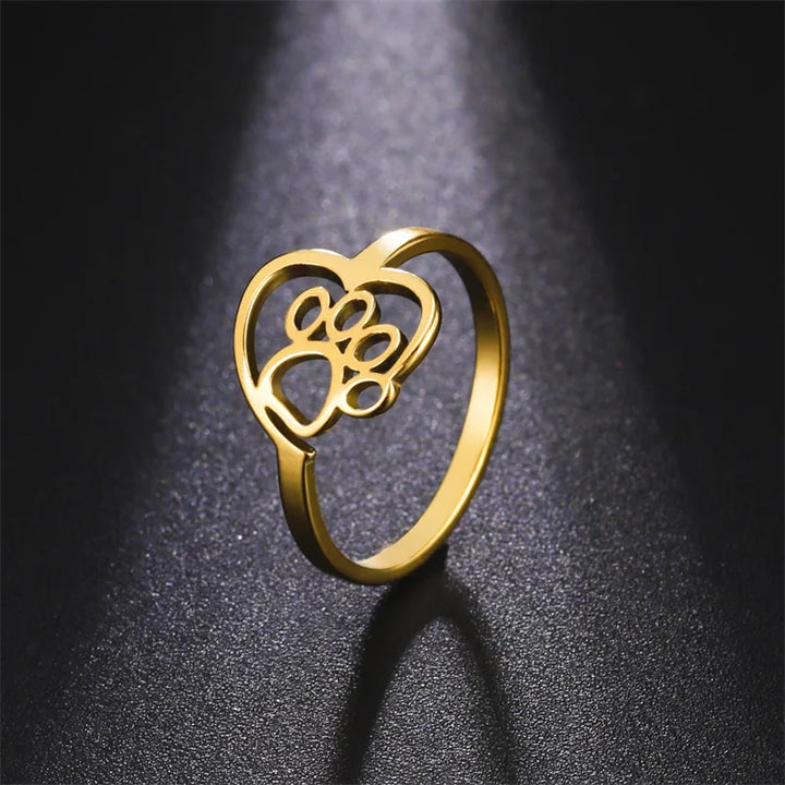 Stainless Steel Heart & Paw Ring – For Animal Lovers