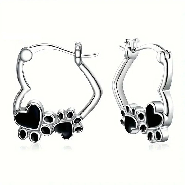 Heart-Paw Hoop Earrings – Silver Animal Motif with Black Enamel Design