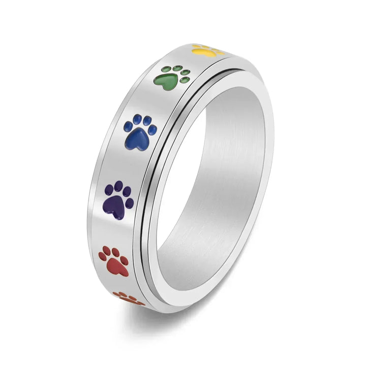 Rotatable Anti-Stress Paw Ring in Stainless Steel with Rainbow Colours