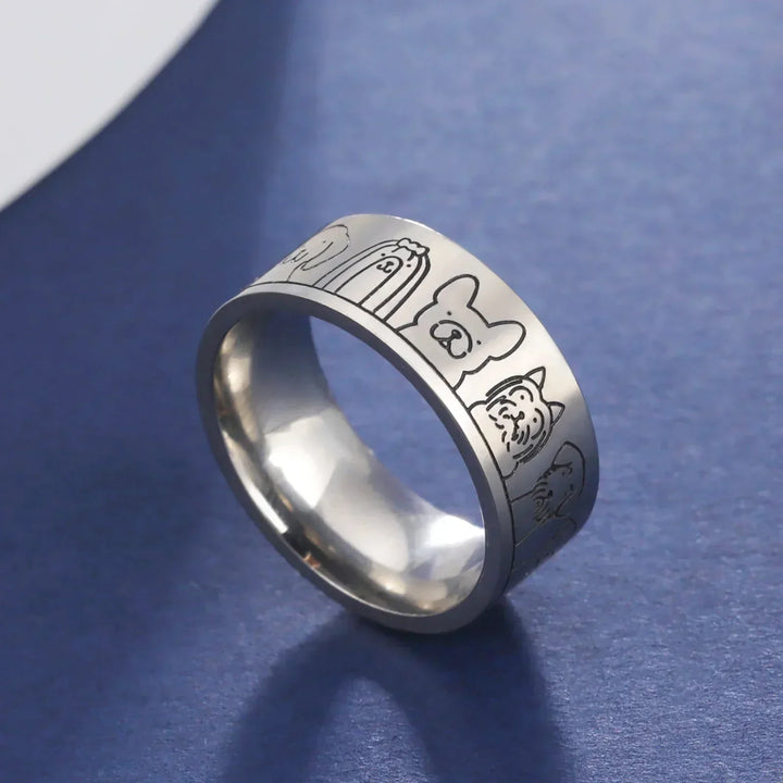 Wide Stainless Steel Ring with Dog Motif – Engraved Design for Women