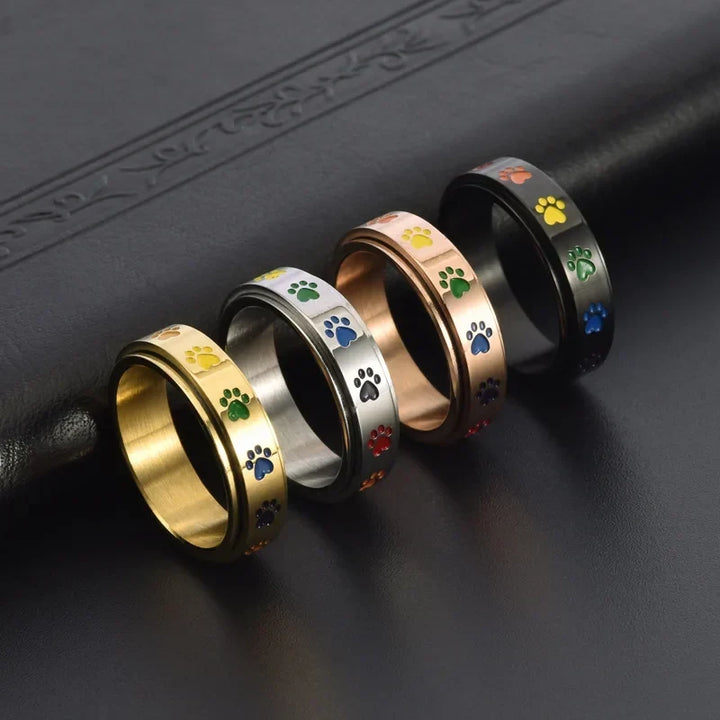 Rotatable Anti-Stress Paw Ring in Stainless Steel with Rainbow Colours