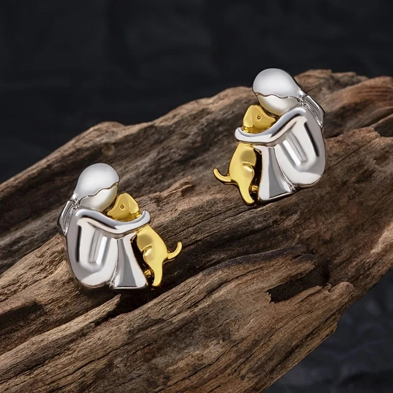 Sweet Two-Tone Hugging Bear Earrings in Silver & Gold