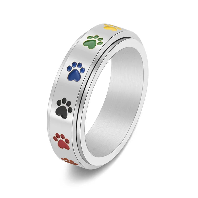 Rotatable Anti-Stress Paw Ring in Stainless Steel with Rainbow Colours