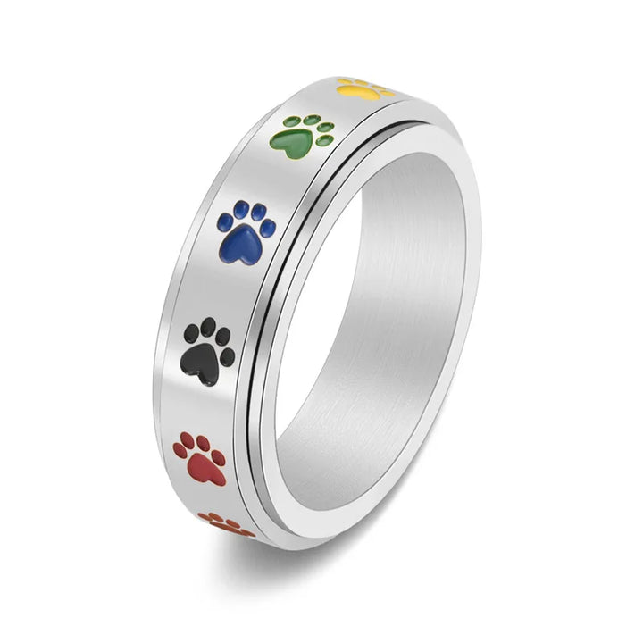 Rotatable Anti-Stress Paw Ring in Stainless Steel with Rainbow Colours