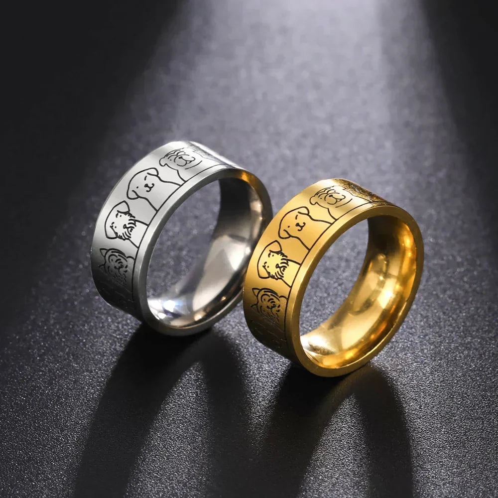 Wide Stainless Steel Ring with Dog Motif – Engraved Design for Women
