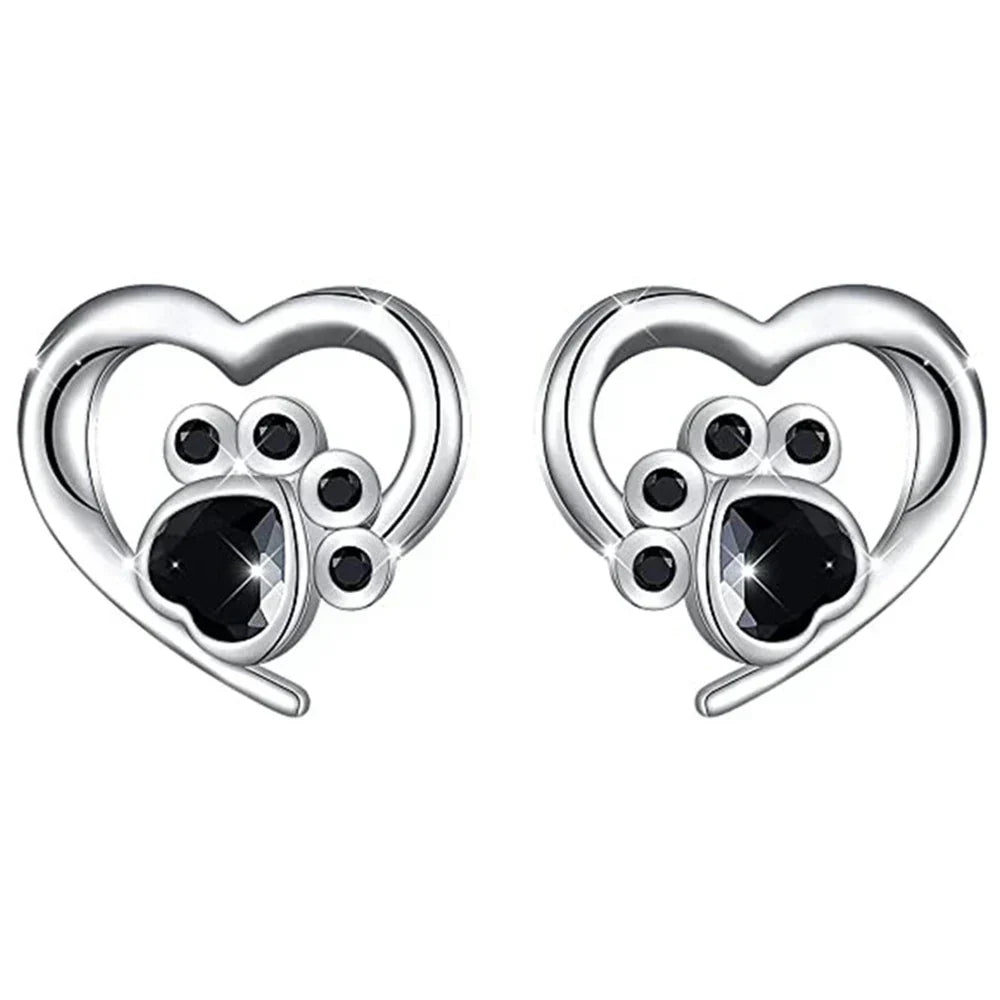 Heart & Paw Stud Earrings – Silver-Coloured with Black Crystal