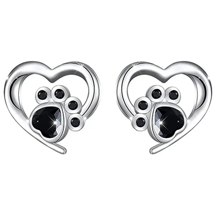 Heart & Paw Stud Earrings – Silver-Coloured with Black Crystal
