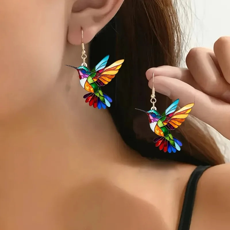 Colourful Hummingbird Dangle Earrings – Acrylic 2D Design
