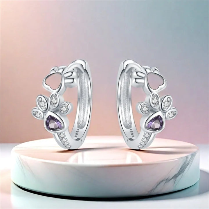 Sterling Silver Paw Hoop Earrings with Zirconia Heart Stone