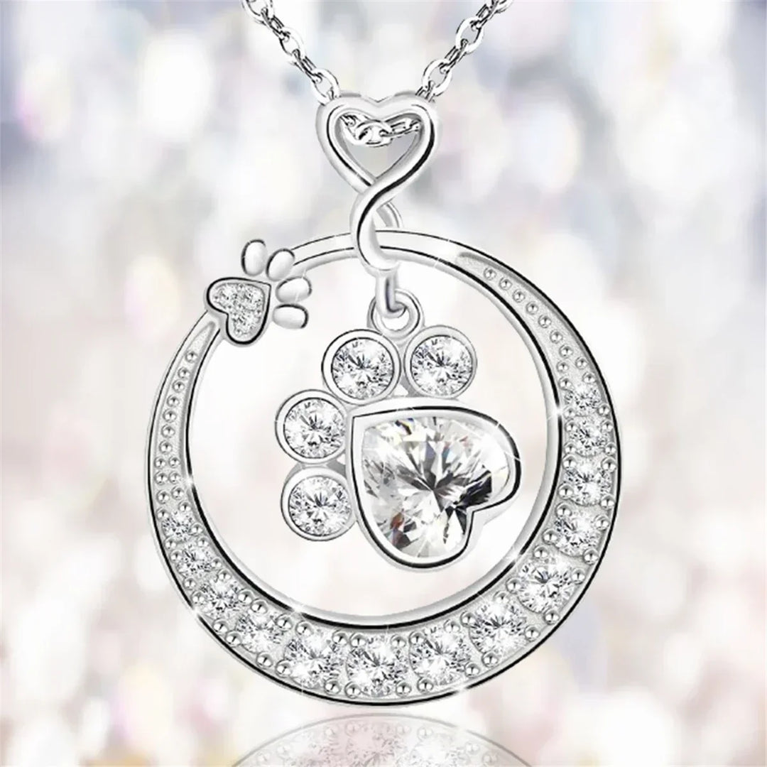 Cute Silver Dog Paw Necklace with Zirconia