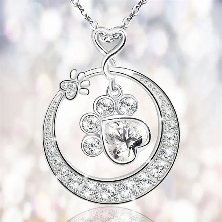 Cute Silver Dog Paw Necklace with Zirconia