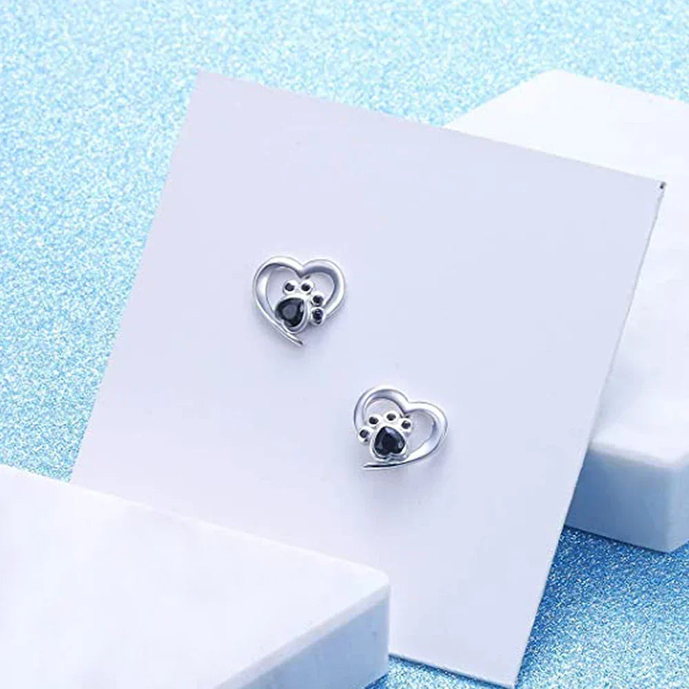 Heart & Paw Stud Earrings – Silver-Coloured with Black Crystal