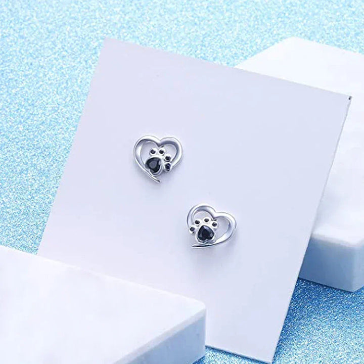 Heart & Paw Stud Earrings – Silver-Coloured with Black Crystal