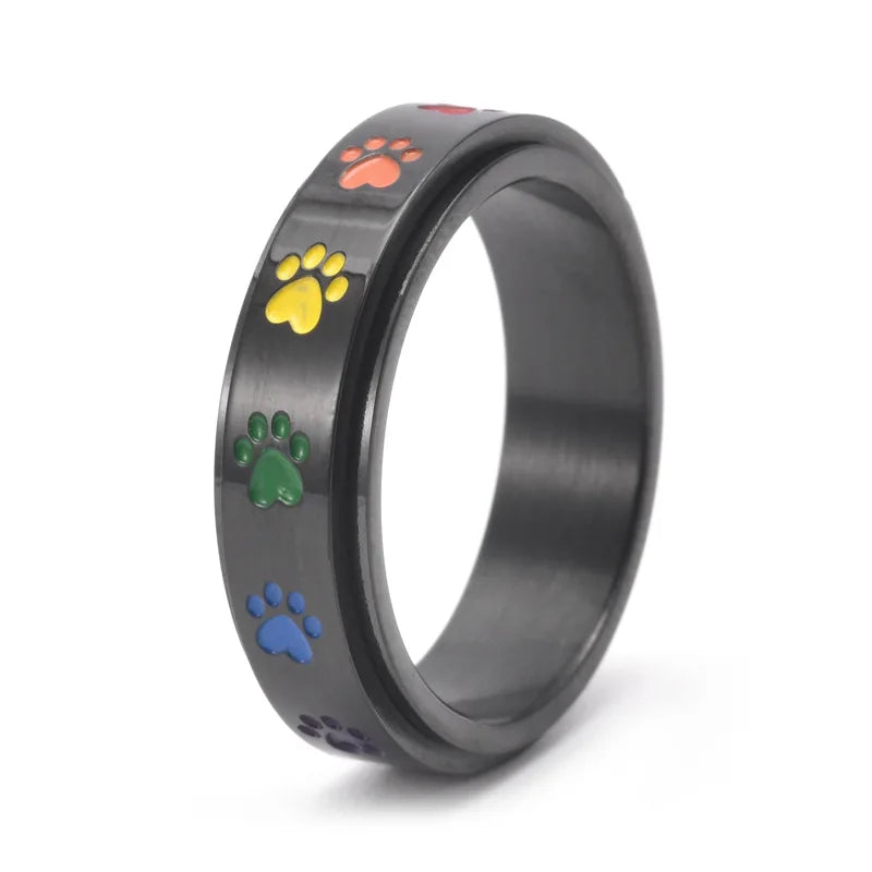 Rotatable Anti-Stress Paw Ring in Stainless Steel with Rainbow Colours