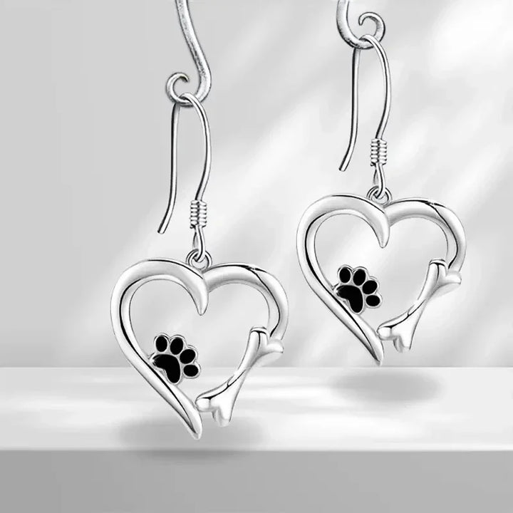 Heart-Shaped Dangle Earrings with Paw Print – Playful Silver Jewellery