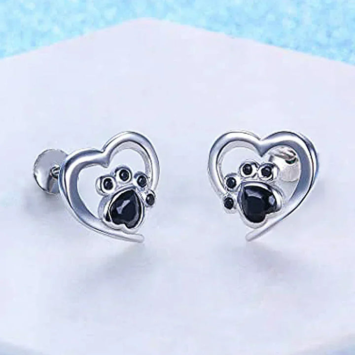 Heart & Paw Stud Earrings – Silver-Coloured with Black Crystal