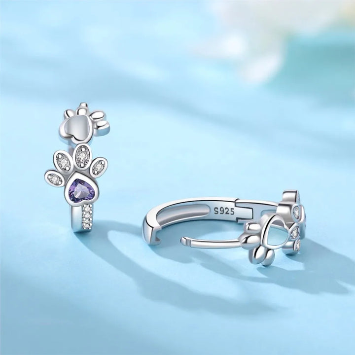 Sterling Silver Paw Hoop Earrings with Zirconia Heart Stone