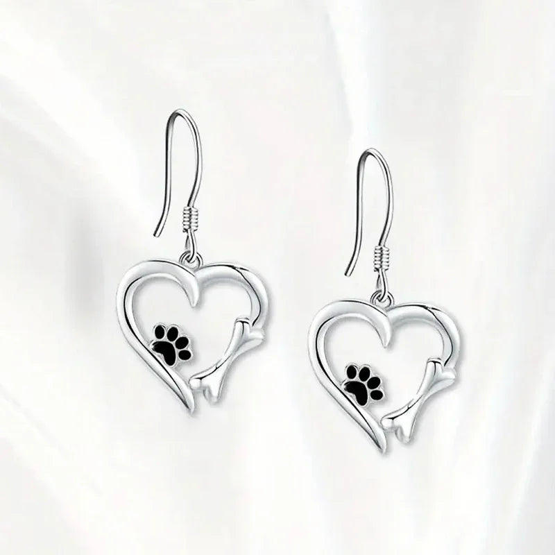 Heart-Shaped Dangle Earrings with Paw Print – Playful Silver Jewellery