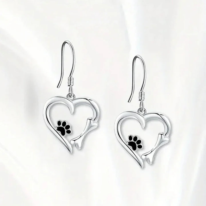 Heart-Shaped Dangle Earrings with Paw Print – Playful Silver Jewellery