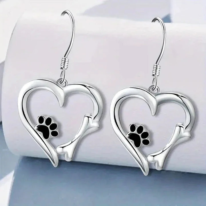 Heart-Shaped Dangle Earrings with Paw Print – Playful Silver Jewellery
