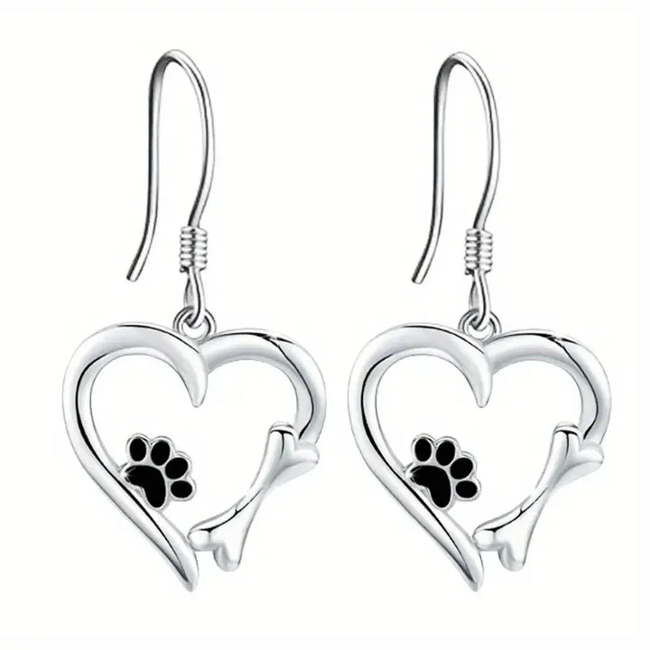 Heart-Shaped Dangle Earrings with Paw Print – Playful Silver Jewellery