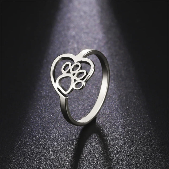 Stainless Steel Heart & Paw Ring – For Animal Lovers