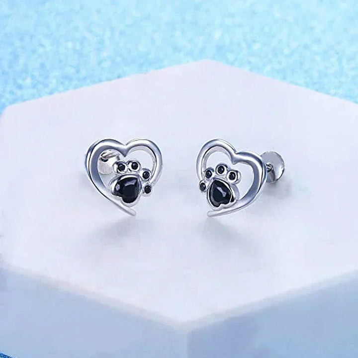 Heart & Paw Stud Earrings – Silver-Coloured with Black Crystal