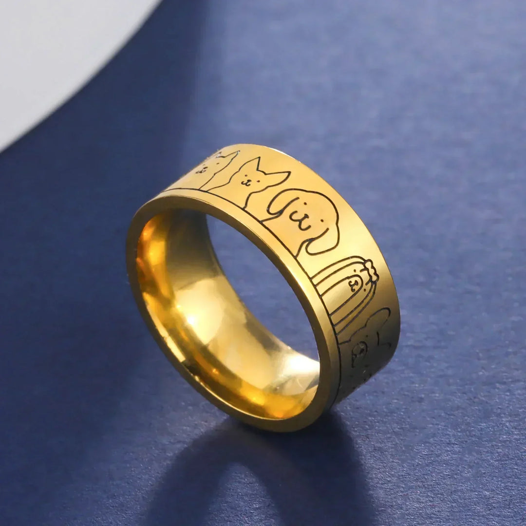 Wide Stainless Steel Ring with Dog Motif – Engraved Design for Women