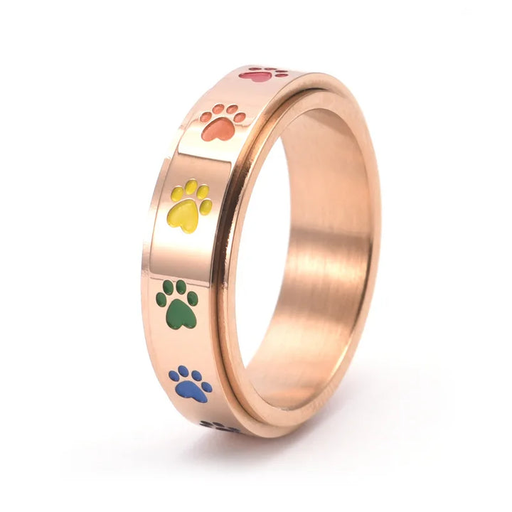 Rotatable Anti-Stress Paw Ring in Stainless Steel with Rainbow Colours