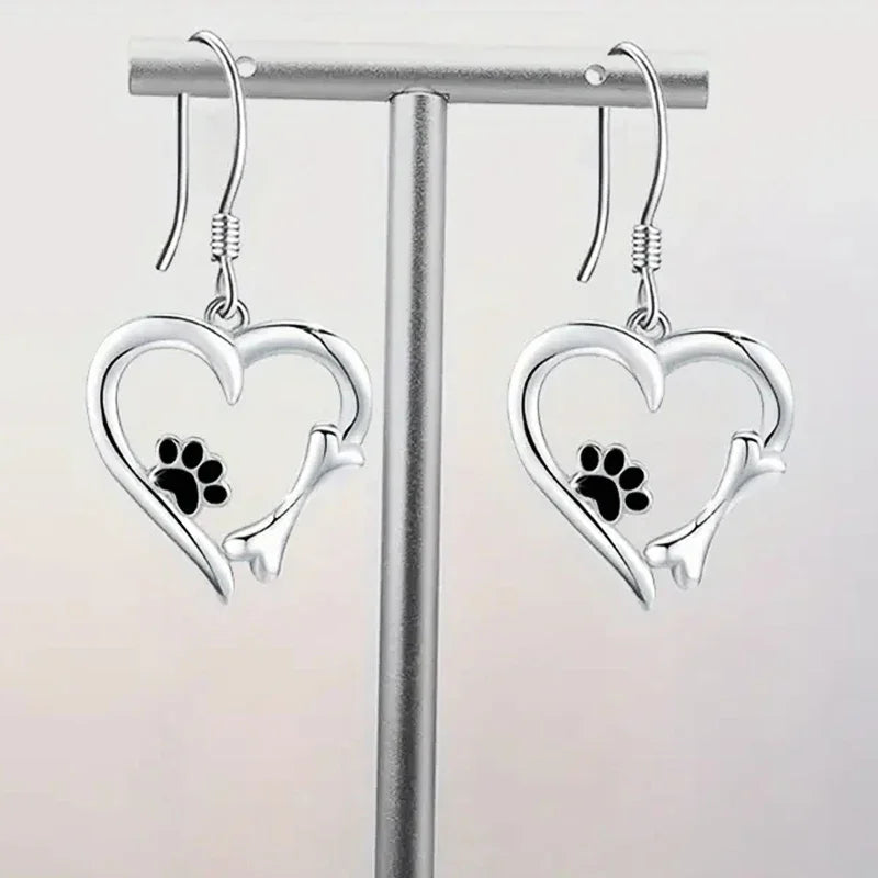 Heart-Shaped Dangle Earrings with Paw Print – Playful Silver Jewellery