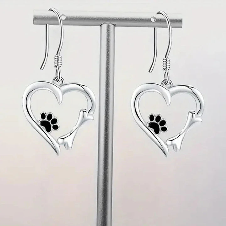 Heart-Shaped Dangle Earrings with Paw Print – Playful Silver Jewellery