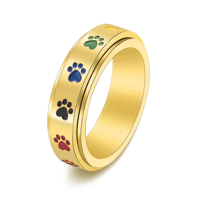 Rotatable Anti-Stress Paw Ring in Stainless Steel with Rainbow Colours