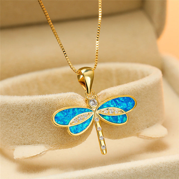 Gold Dragonfly Necklace with Opal