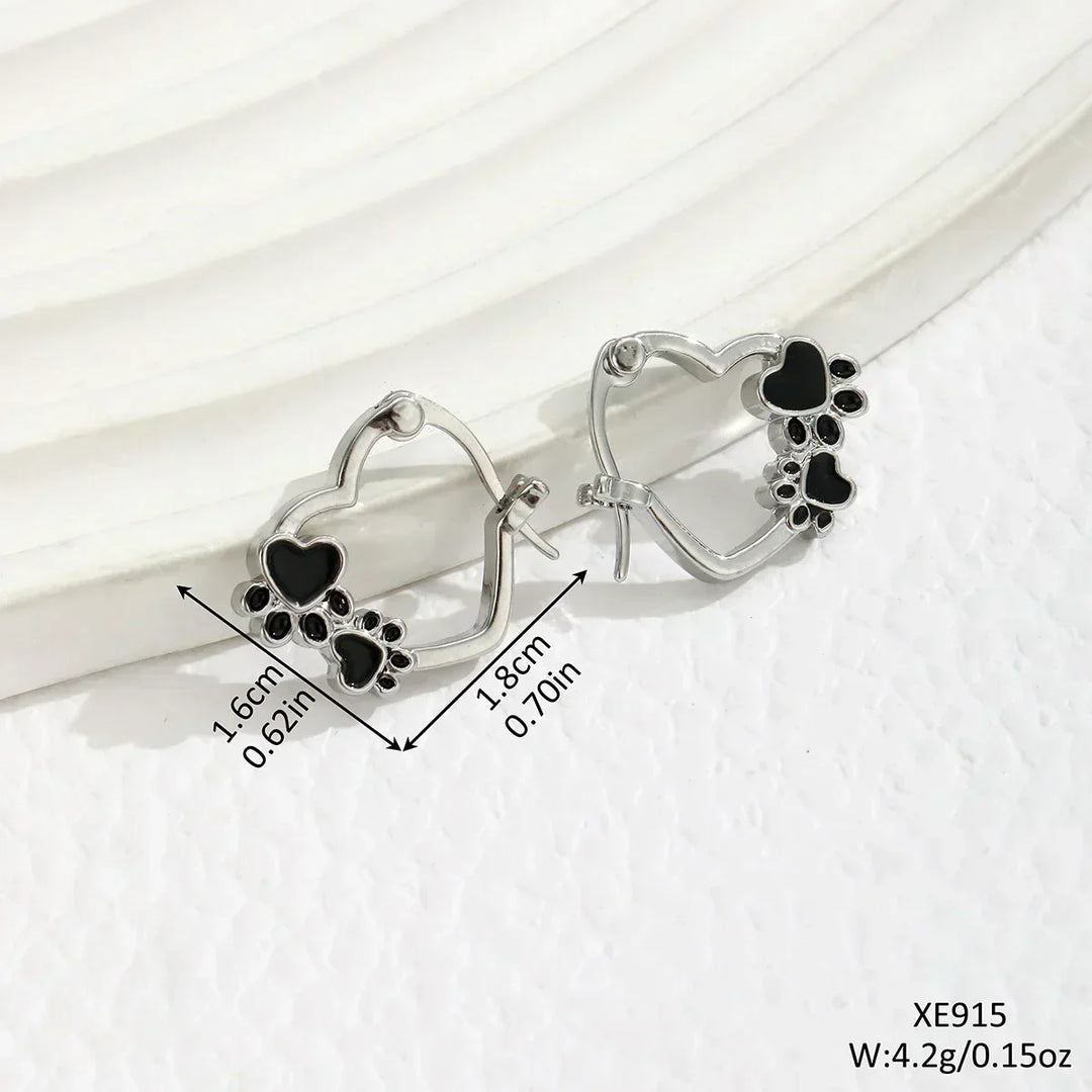 Heart-Paw Hoop Earrings – Silver Animal Motif with Black Enamel Design