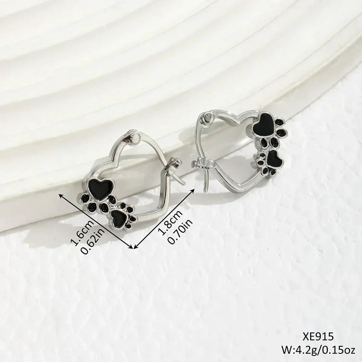 Heart-Paw Hoop Earrings – Silver Animal Motif with Black Enamel Design