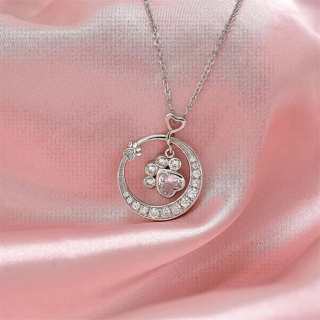 Cute Silver Dog Paw Necklace with Zirconia