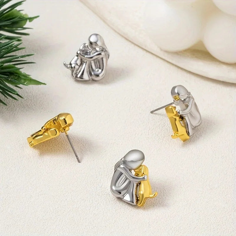 Sweet Two-Tone Hugging Bear Earrings in Silver & Gold