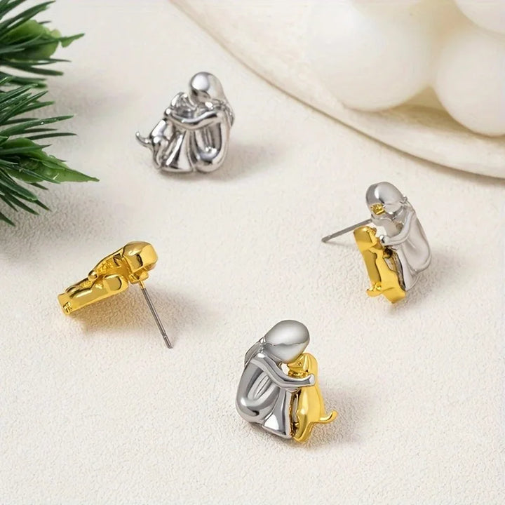 Sweet Two-Tone Hugging Bear Earrings in Silver & Gold