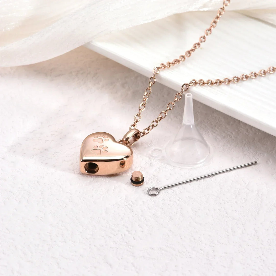 Memorial Necklace with Paw & Heart – Stainless Steel Urn Pendant