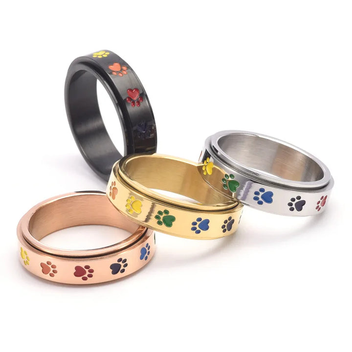 Rotatable Anti-Stress Paw Ring in Stainless Steel with Rainbow Colours