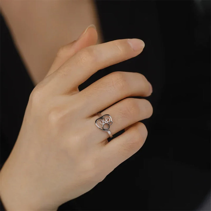 Stainless Steel Heart & Paw Ring – For Animal Lovers