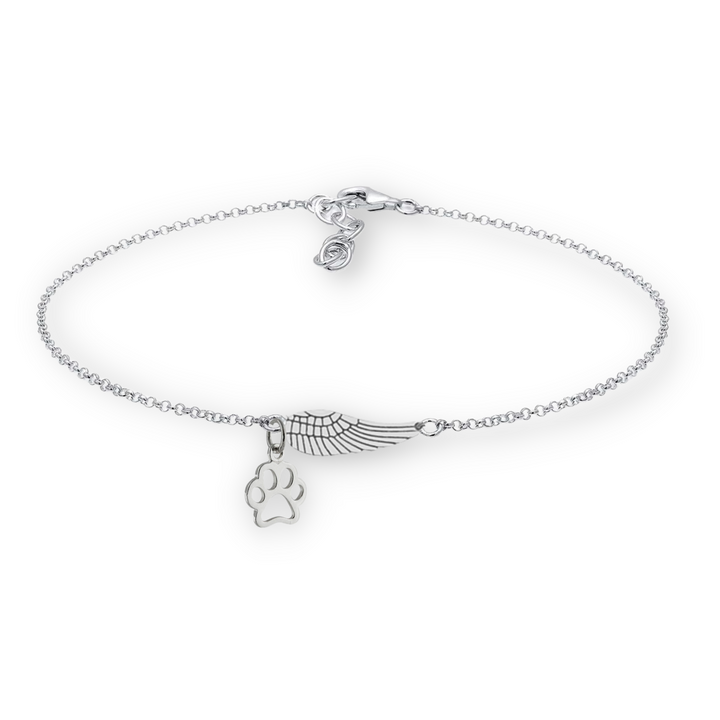 Silver Memorial Bracelet with Angel Wings and Paw Print – Handmade