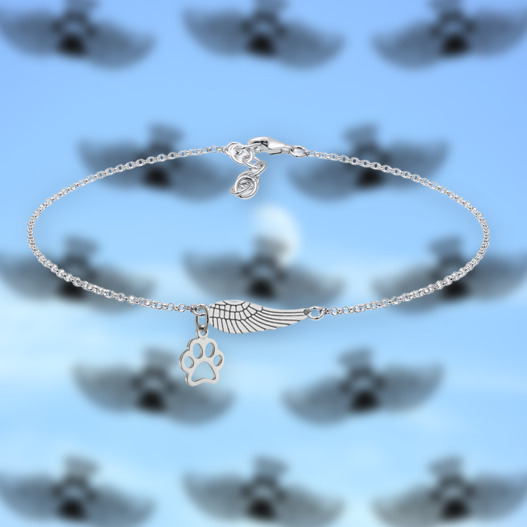 Silver Memorial Bracelet with Angel Wings and Paw Print – Handmade
