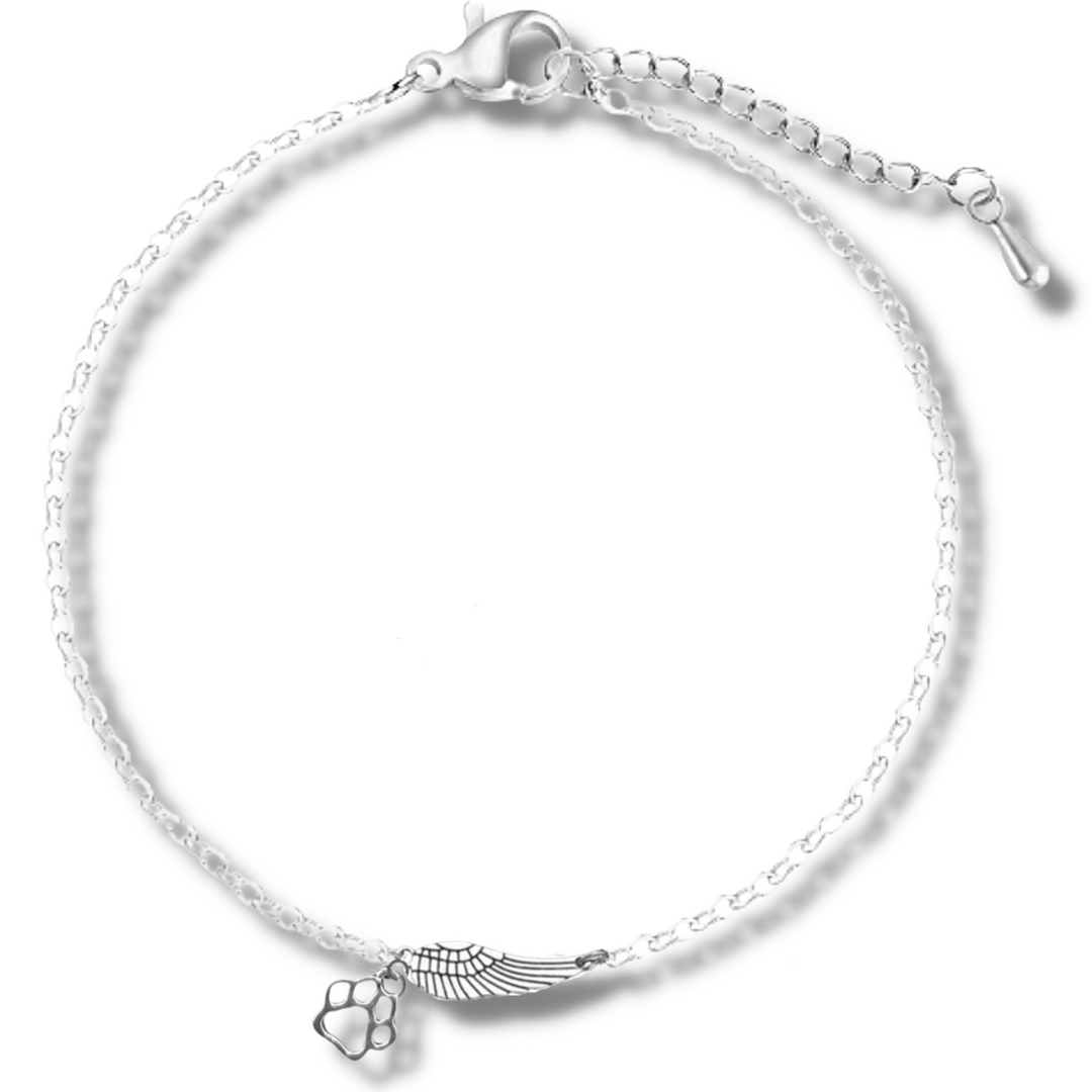 Silver Memorial Bracelet with Angel Wings and Paw Print – Handmade