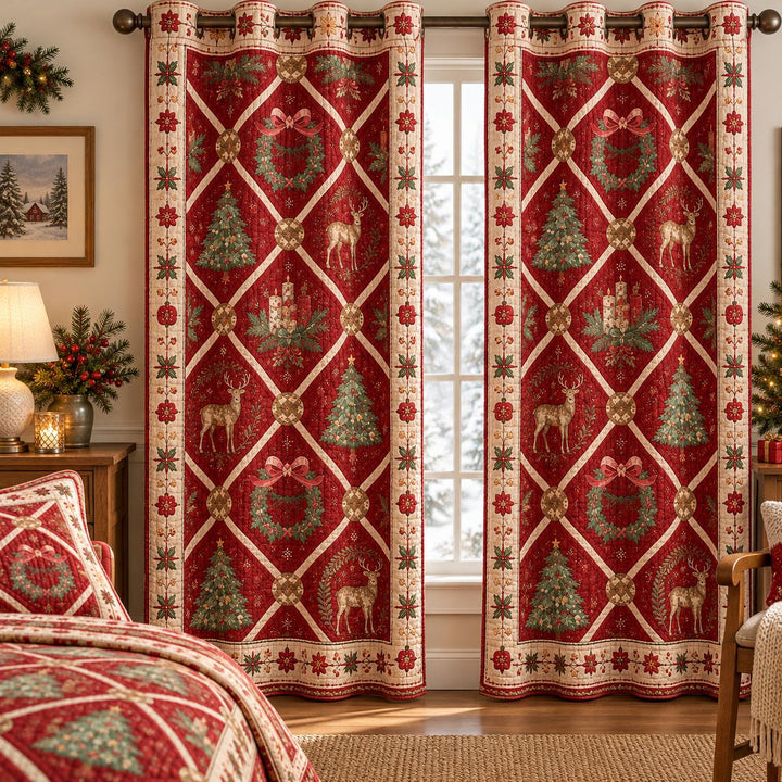 Vintage Christmas Reindeer & Tree Patchwork Quilted Curtains LD158QLTCT