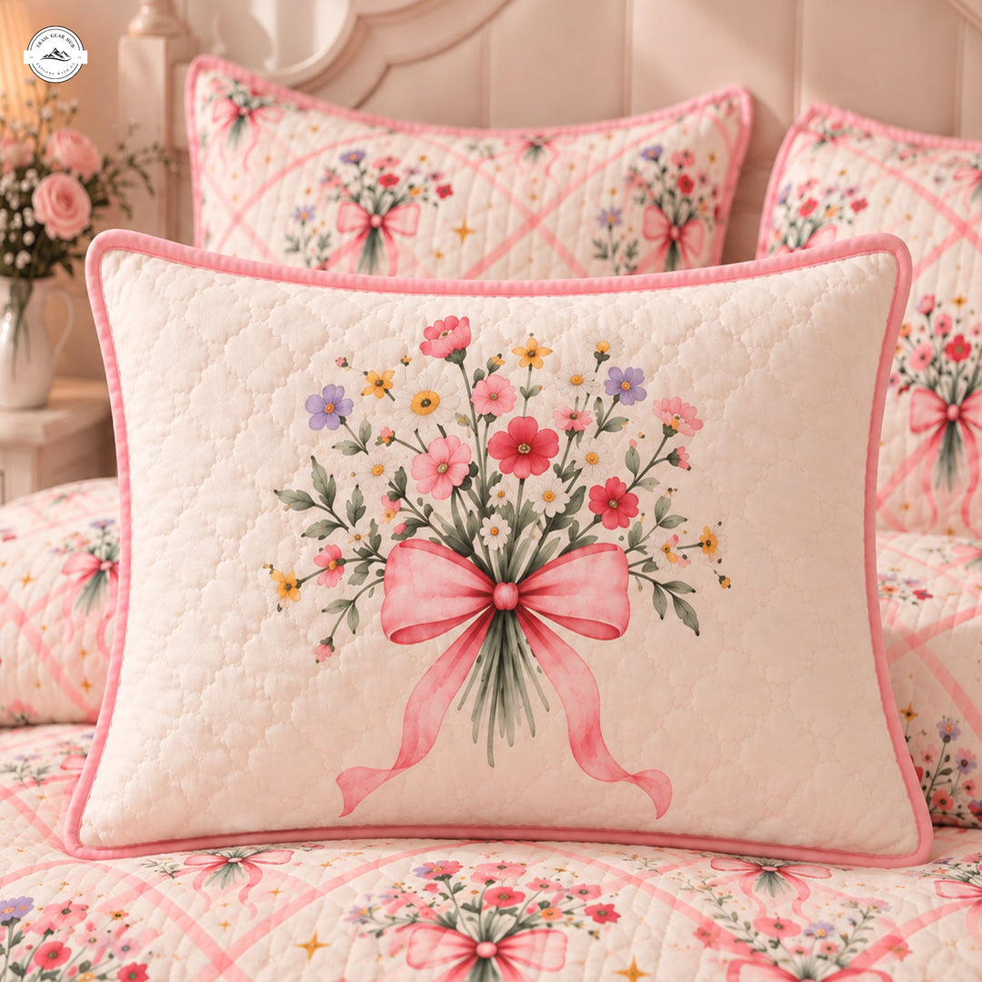 Cozy Pink Flower & Bow Pattern Quilted Pillow Cover LV202QLTPLC