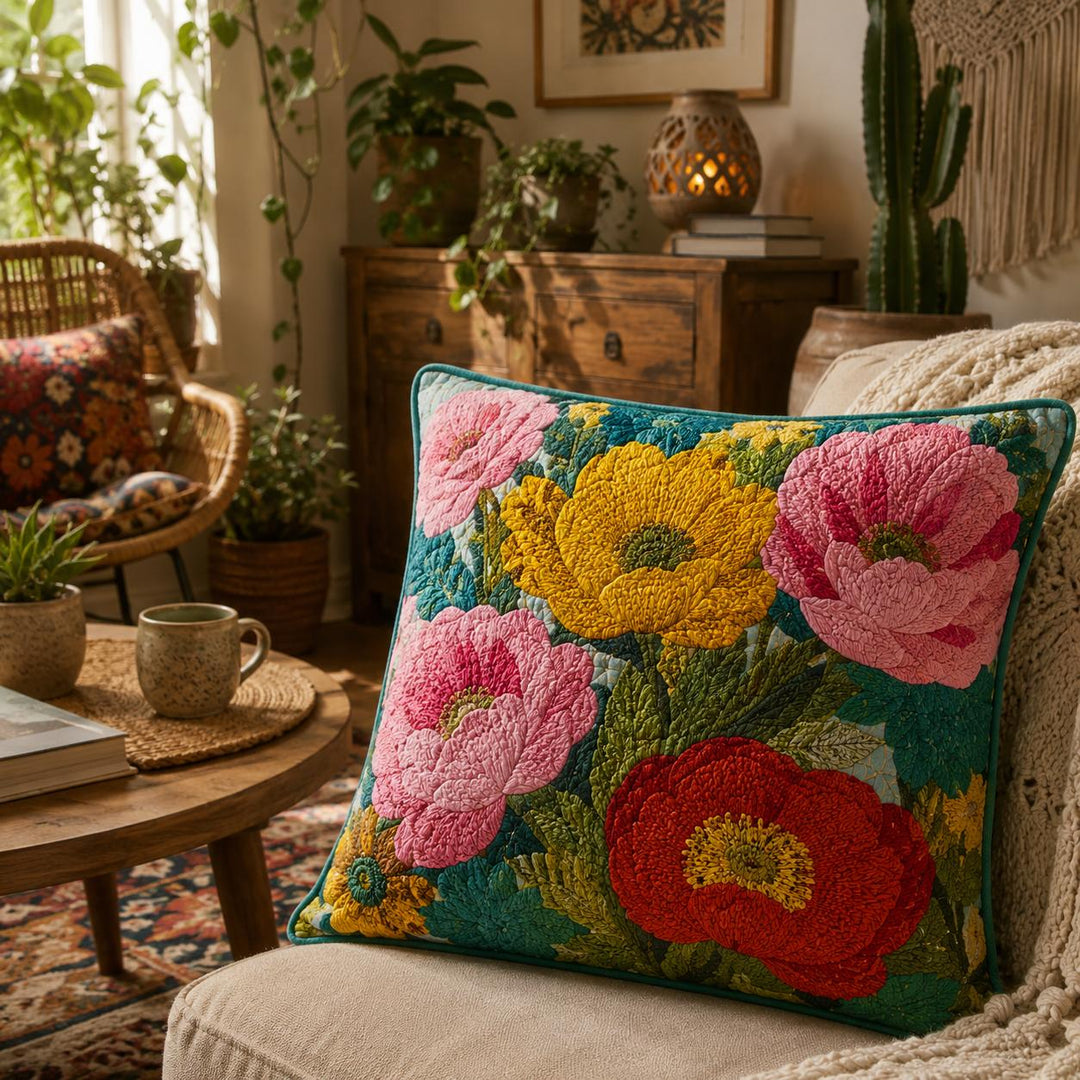 Vibrant Poppy Floral Quilted Pillow Cover QV46QLTPLC